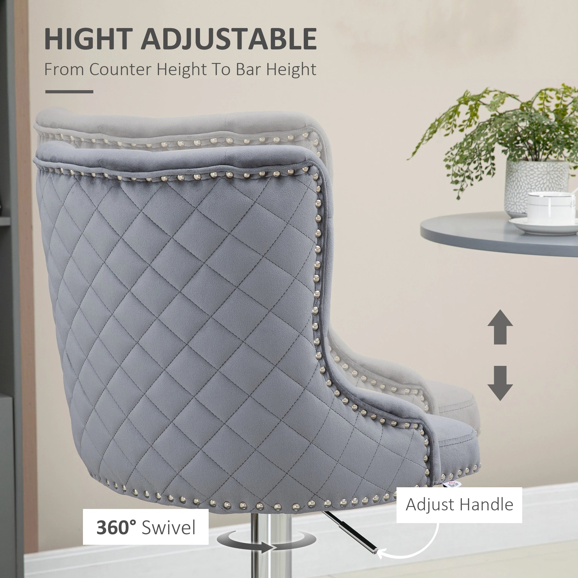 Adjustable Bar Stools Set of 2, Swivel Velvet, Counter Height, Grey Bar Stools at Gallery Canada