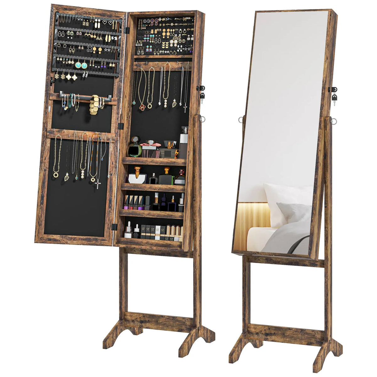 Lockable Mirror Jewelry Cabinet, Full-Length, 3 Adjustable Angles, Rustic Brown Jewelry Armoire & Jewellery Mirror Cabinets at Gallery Canada