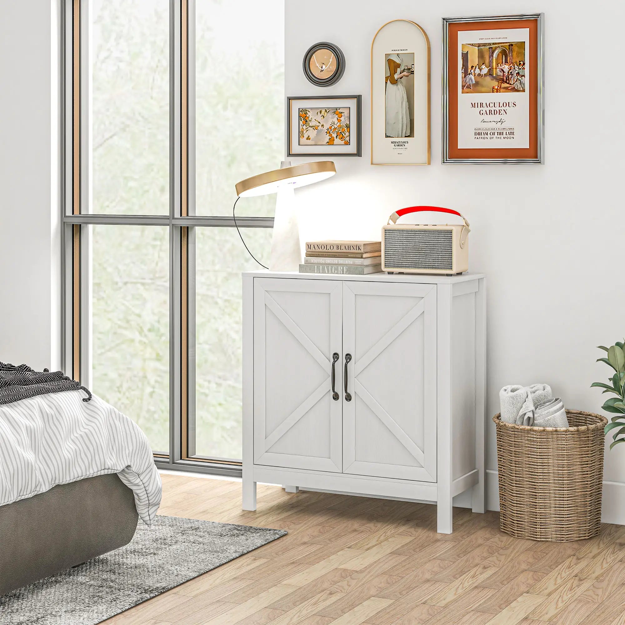 Sideboard Buffet, Kitchen Cabinet with Barn Door, Adjustable Shelves, White Wood Grain, White Bar Cabinets at Gallery Canada