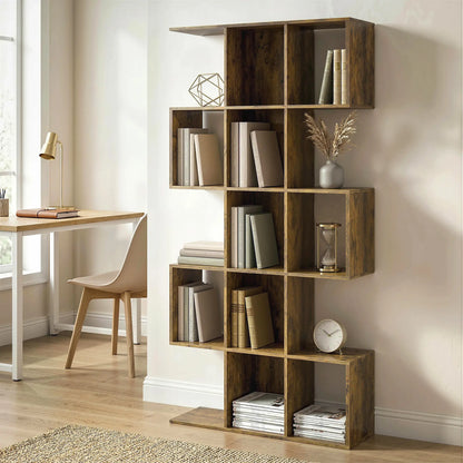 5-Tier S-Shaped Bookshelf, 15 Compartments, Rustic Brown, Rustic Brown Display Bookshelves at Gallery Canada