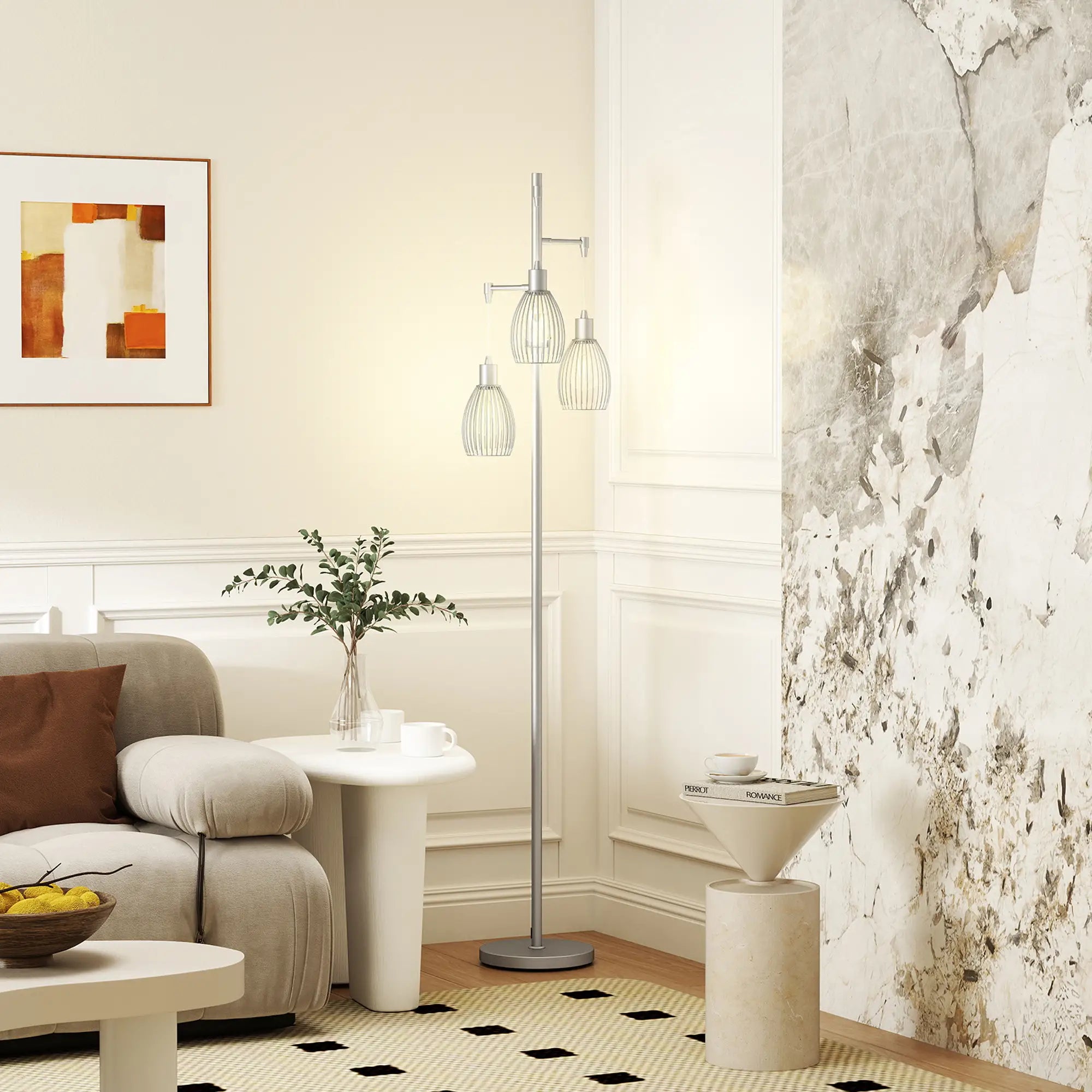 Industrial Floor Lamp, 3 Hanging Wire Lampshades, Dimmable, Silver Floor Lamps & Ceiling Fan Lights at Gallery Canada
