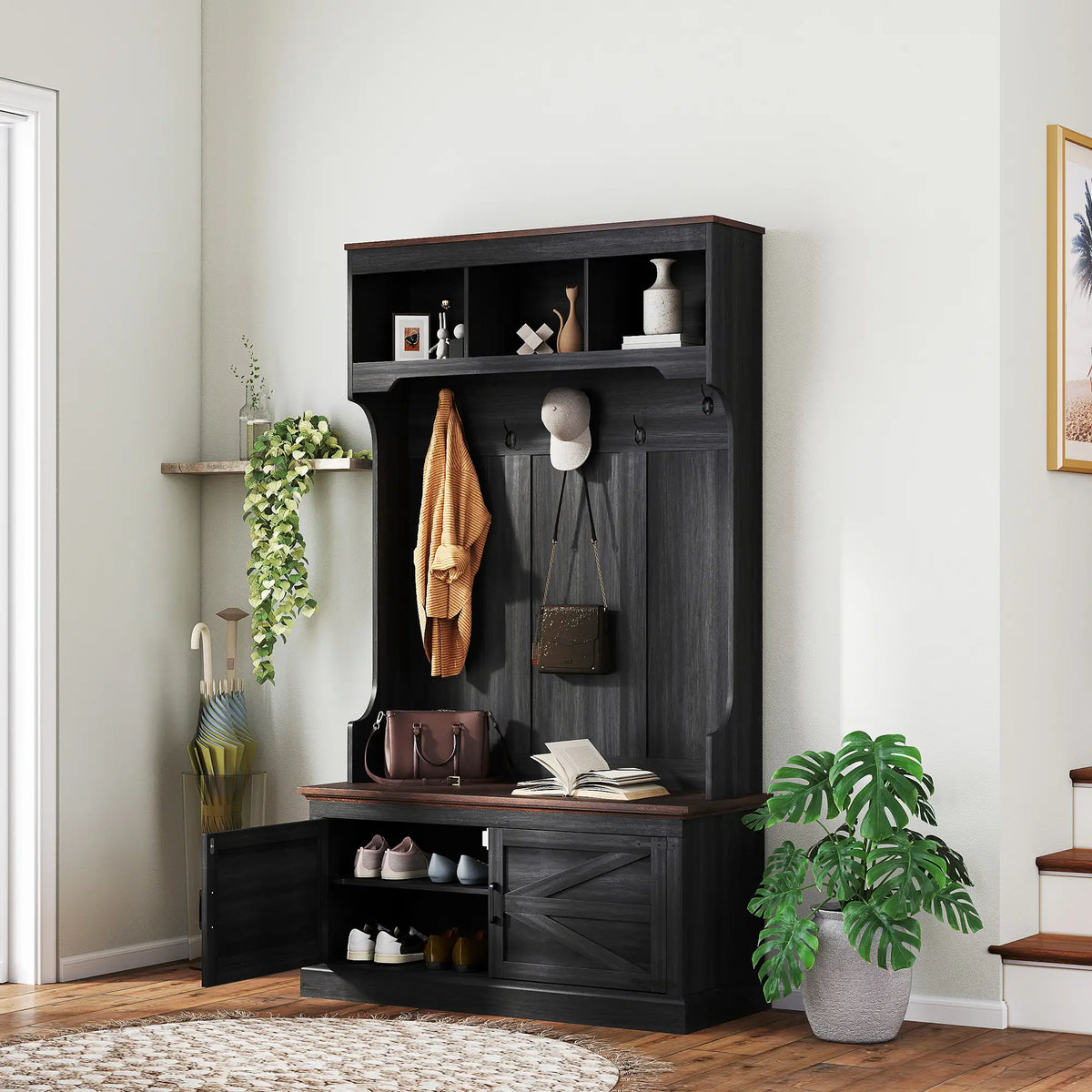 3-in-1 Hall Tree with Bench, Coat Rack, Shoe Storage, Distressed, Black Clothing Storage at Gallery Canada