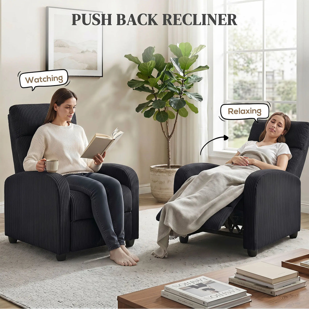 Corduroy Push Back Recliner Chair, Padded Seat, Black