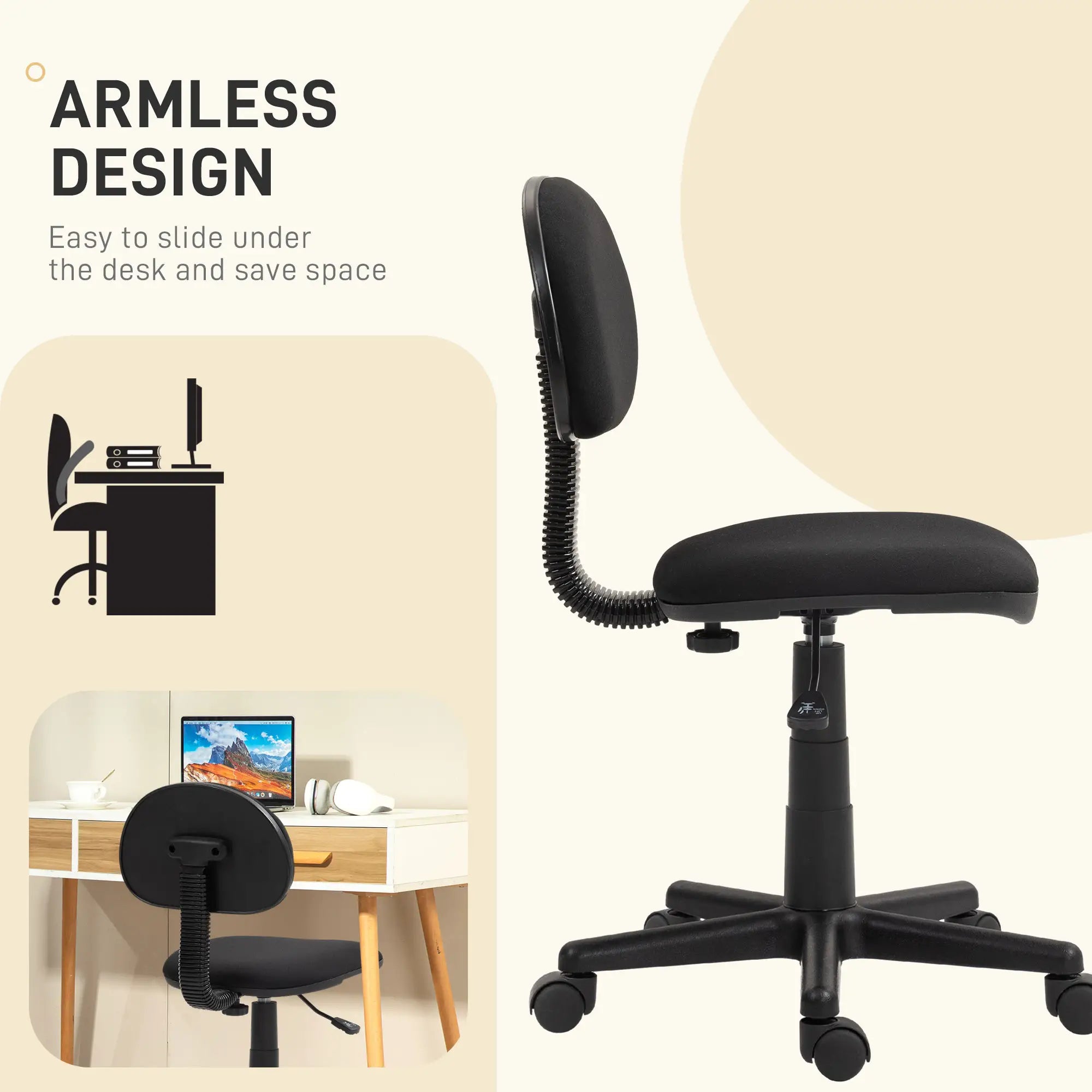 Small Desk Chair, Armless Adjustable Height, 360° Swivel Wheels, Black Task Chairs at Gallery Canada