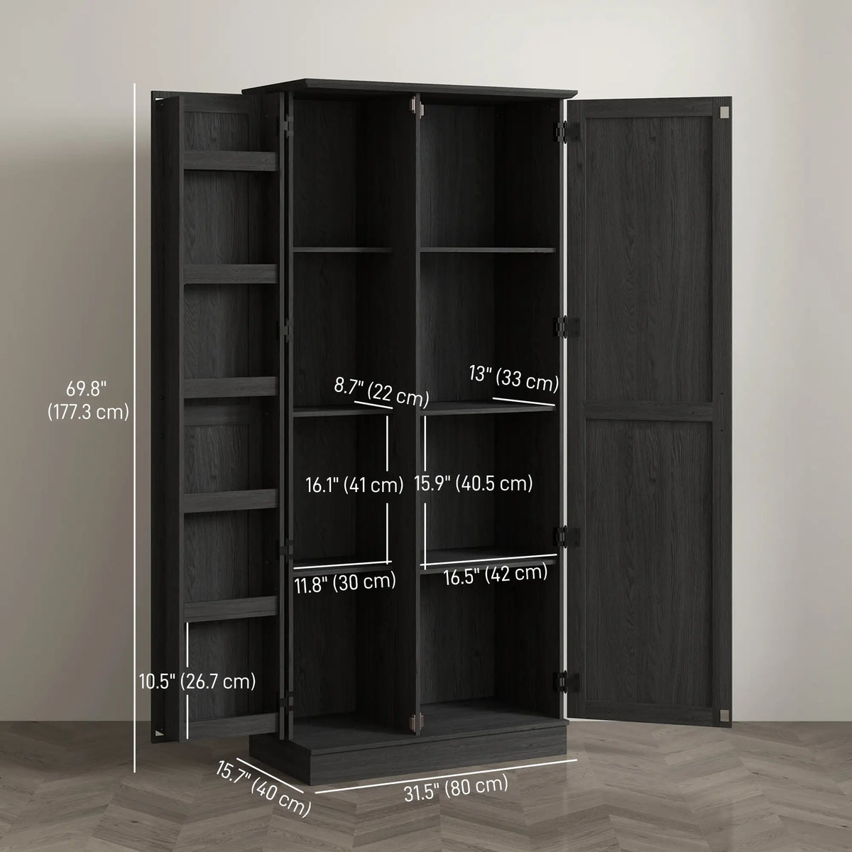 70" Tall Kitchen Pantry Cabinet, Adjustable Shelves, Black Wood Grain, Black Kitchen Pantry Cabinets at Gallery Canada