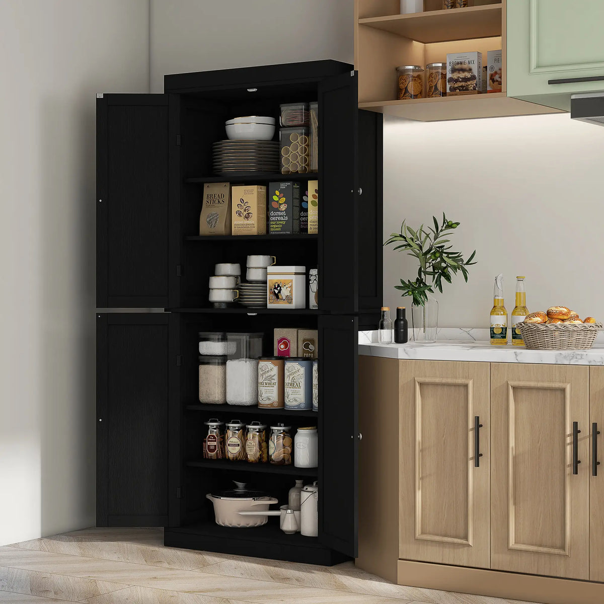 72.5" Freestanding Kitchen Pantry, 4 Doors, Black Kitchen Pantry Cabinets at Gallery Canada