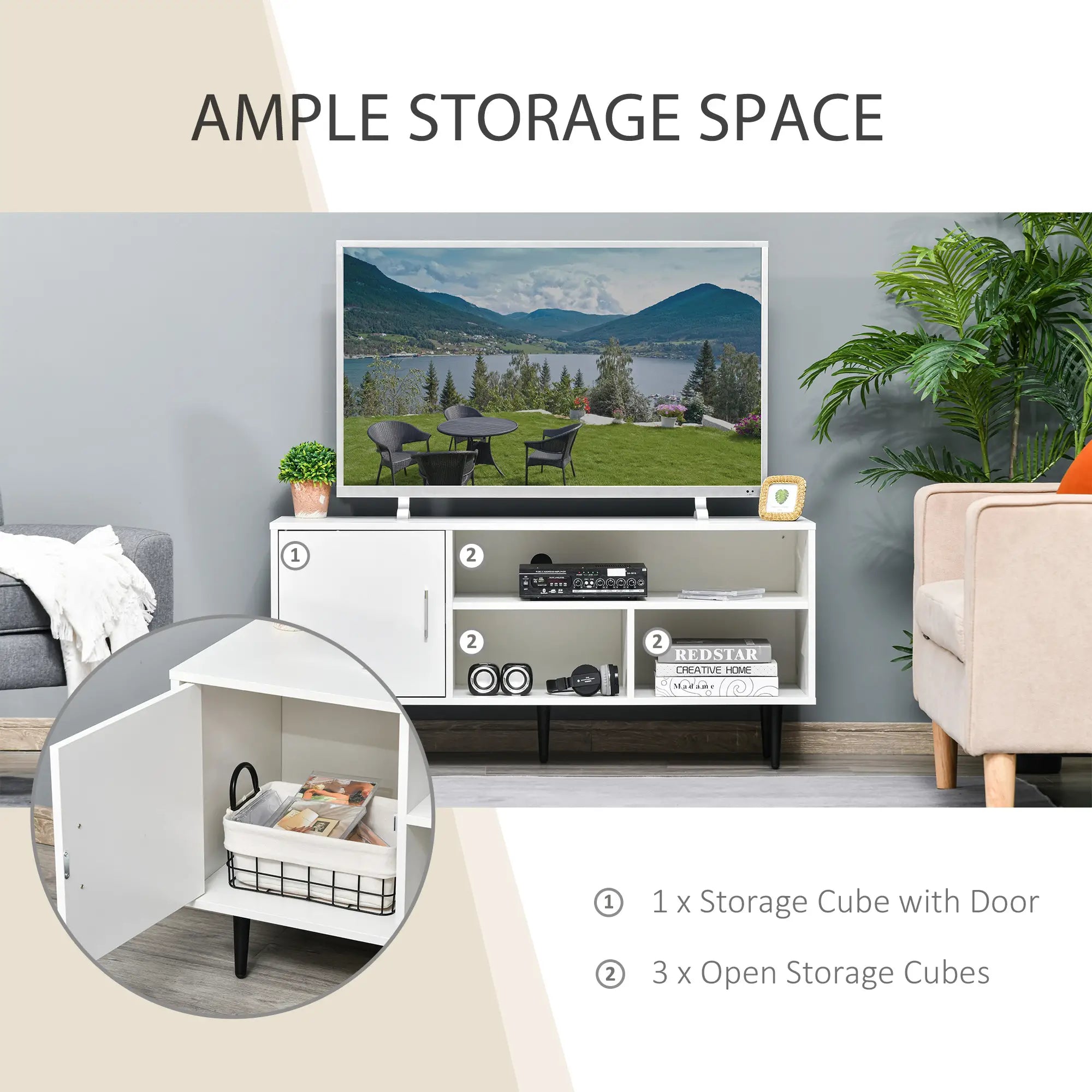 Modern TV Stand for 60 Inches, Storage Shelf, Cable Hole, White TV Stands at Gallery Canada