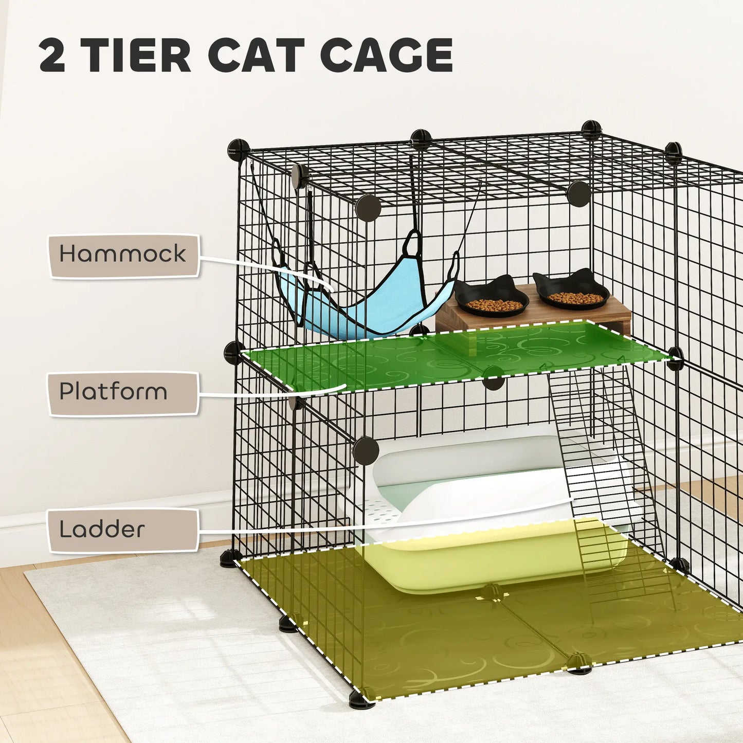 2 Tier Cat Cage, DIY Pet Playpen With 2 Doors, Ladder, Hammock, Perch, Black Outdoor Cat Enclosures at Gallery Canada