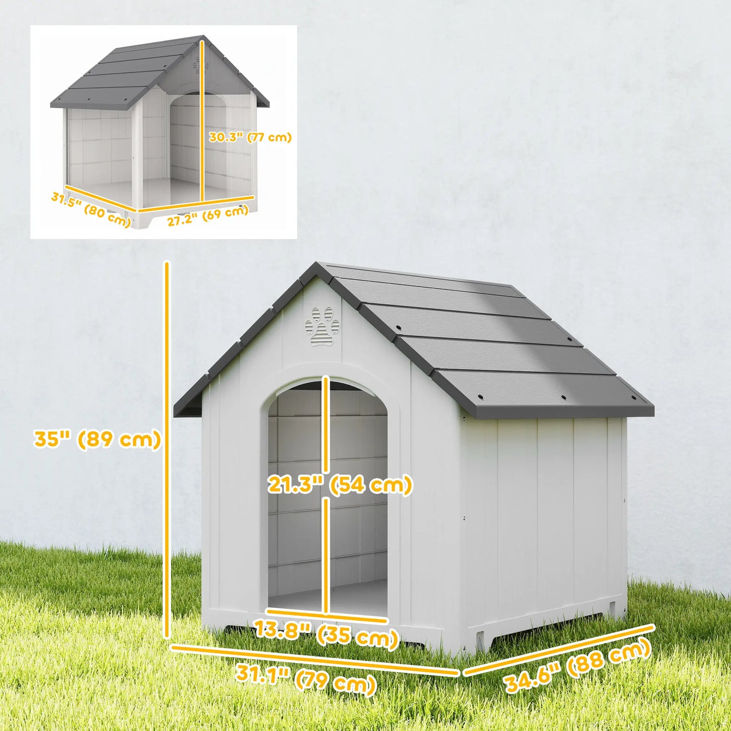 Large Plastic Dog House Outdoor Indoor, Water Resistant Puppy Shelter with Base Support, 34.6" L x 31.1" W x 35" H Dog Cages & Crates at Gallery Canada