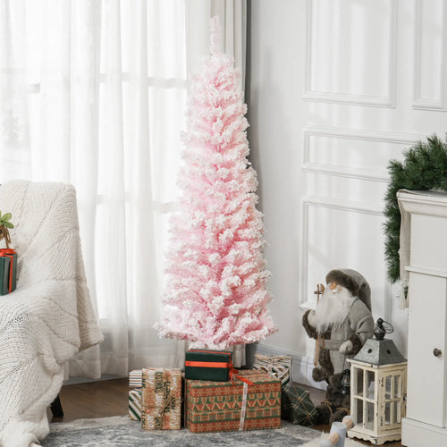 5ft Flocked Pencil Christmas Tree, Realistic Branch Tips, Pink