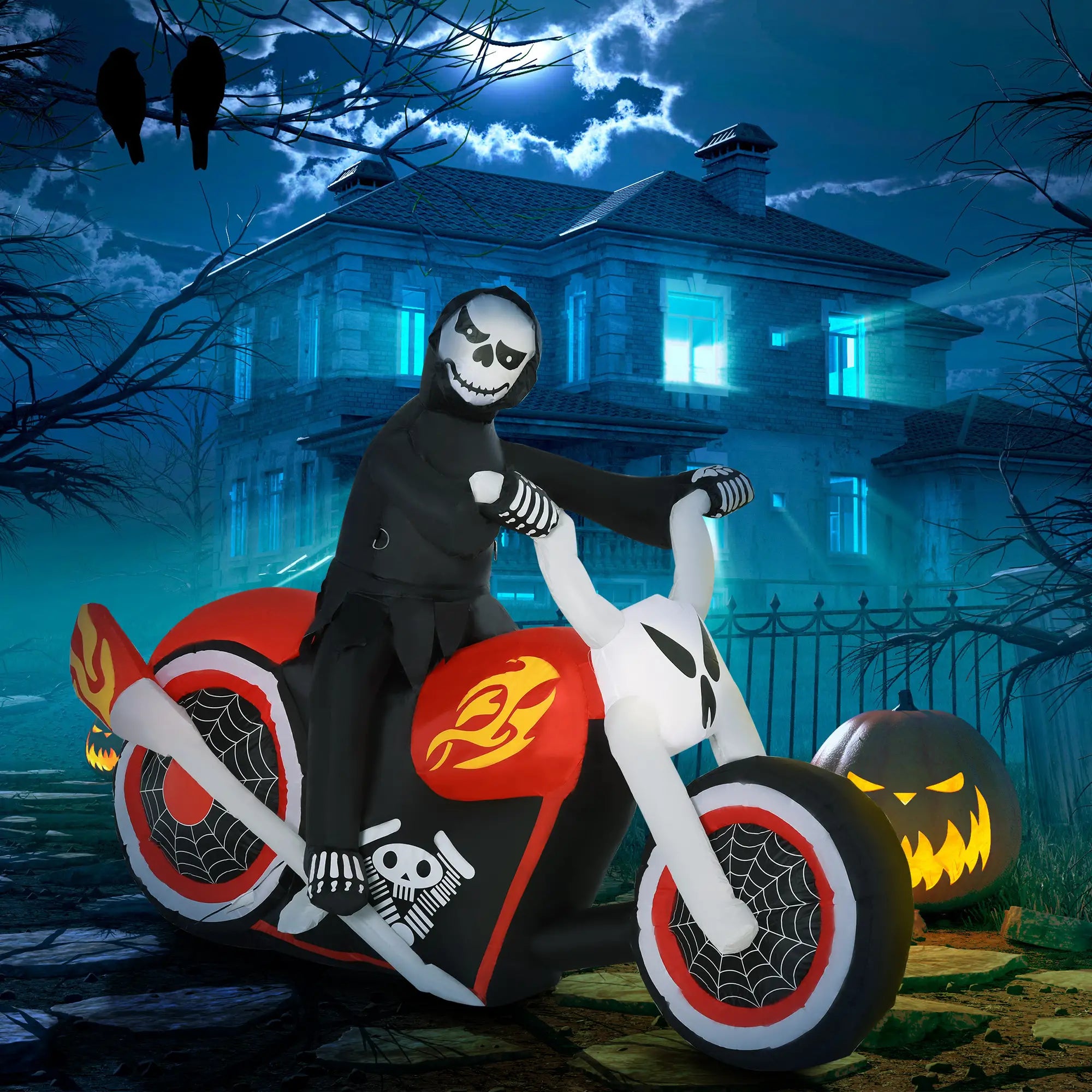 6' Halloween Grim Reaper Flaming Motorcycle LED Inflatable, Outdoor Decor Halloween Decorations at Gallery Canada