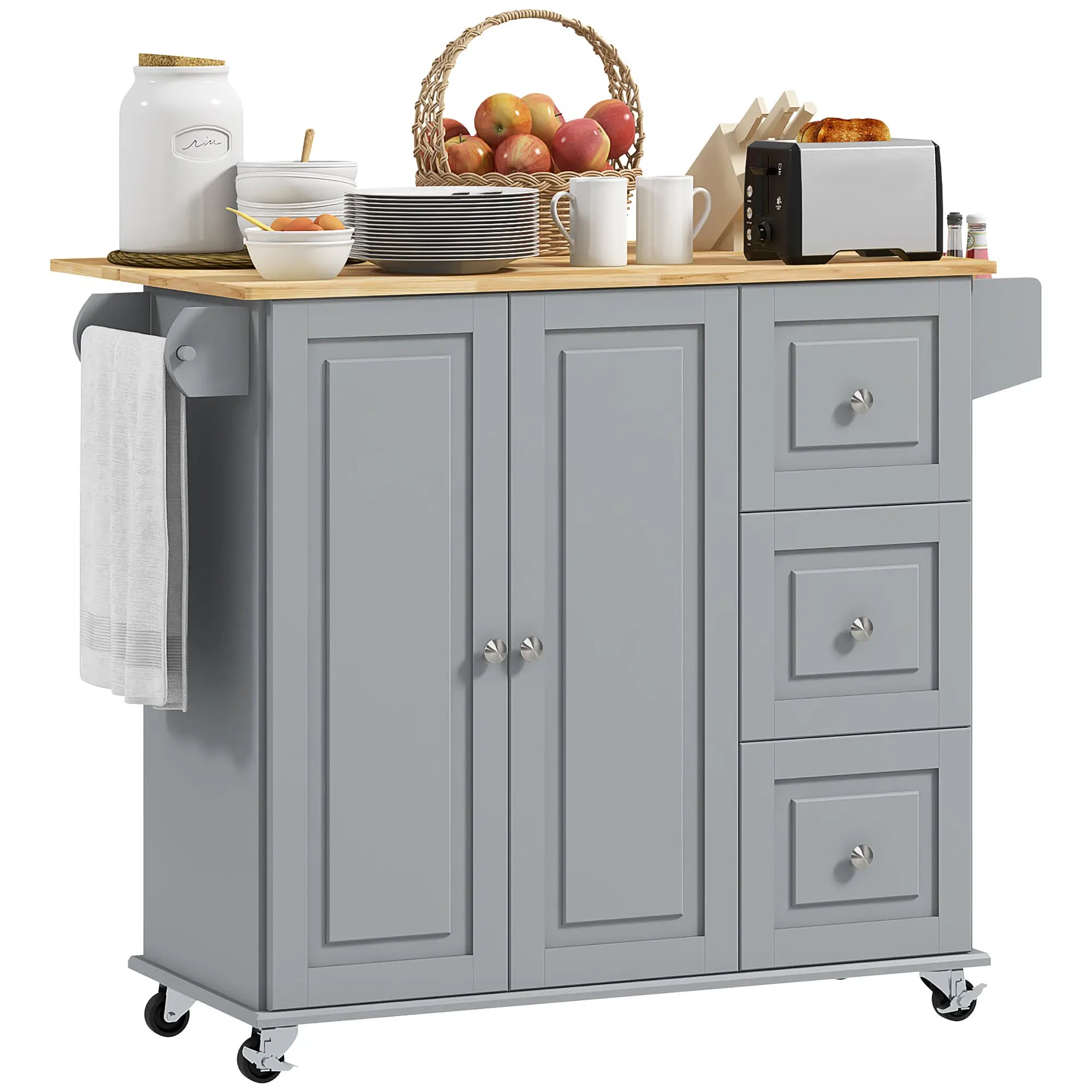 Kitchen Island on Wheels, Drop Leaf Cart with Drawers, Grey Kitchen Islands & Kitchen Carts Grey, Natural at Gallery Canada