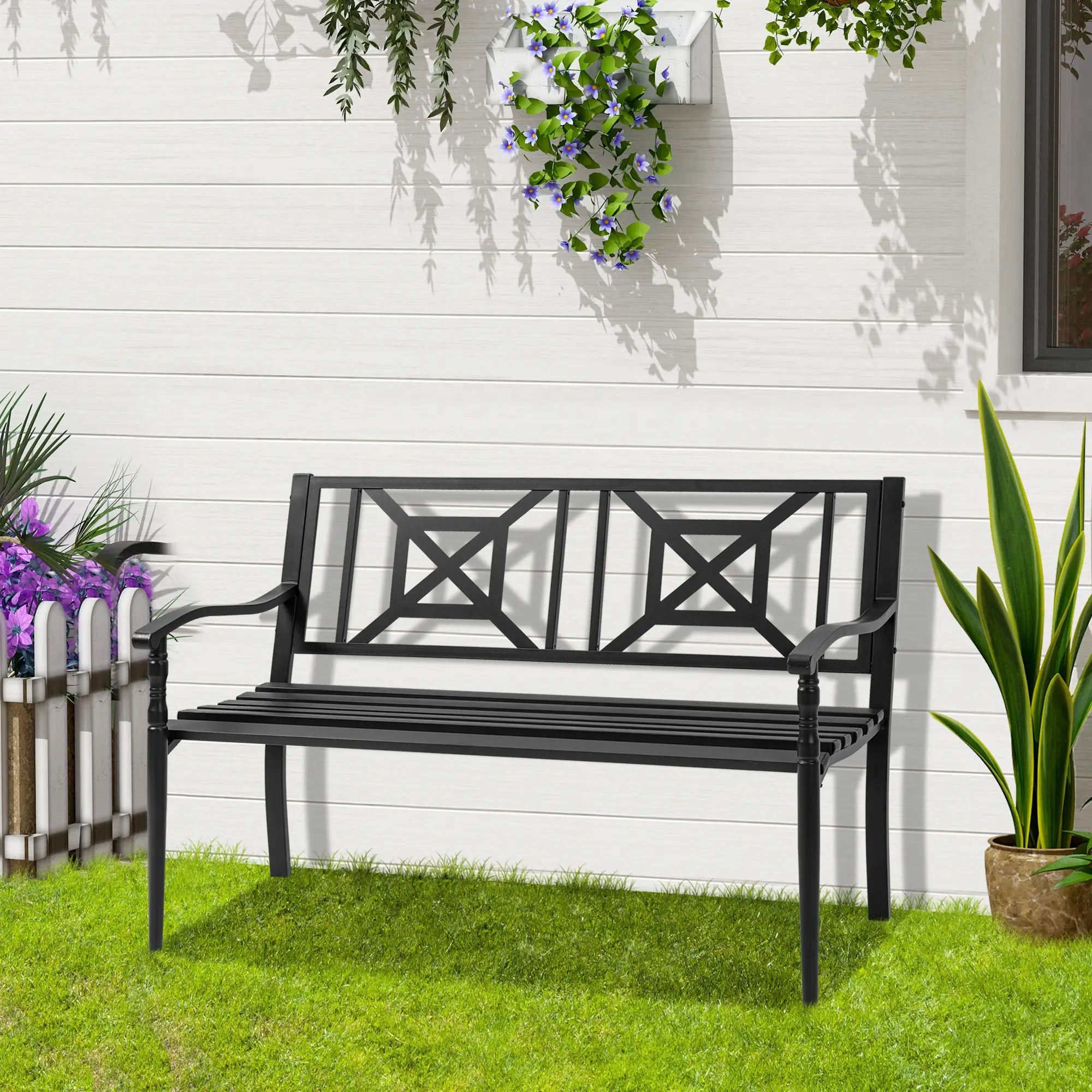 Steel Garden Bench, 2-Person Patio Loveseat, Black Outdoor Benches at Gallery Canada