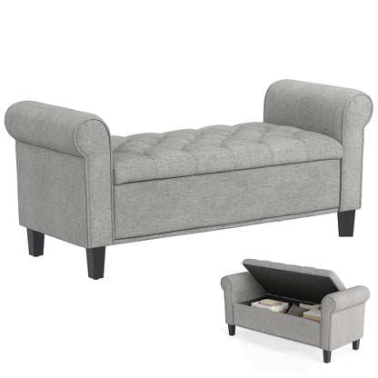 50 Inches Storage Ottoman, Light Grey, Upholstered Bench With Rolled Arms, Light Grey Storage Ottomans & Benches at Gallery Canada