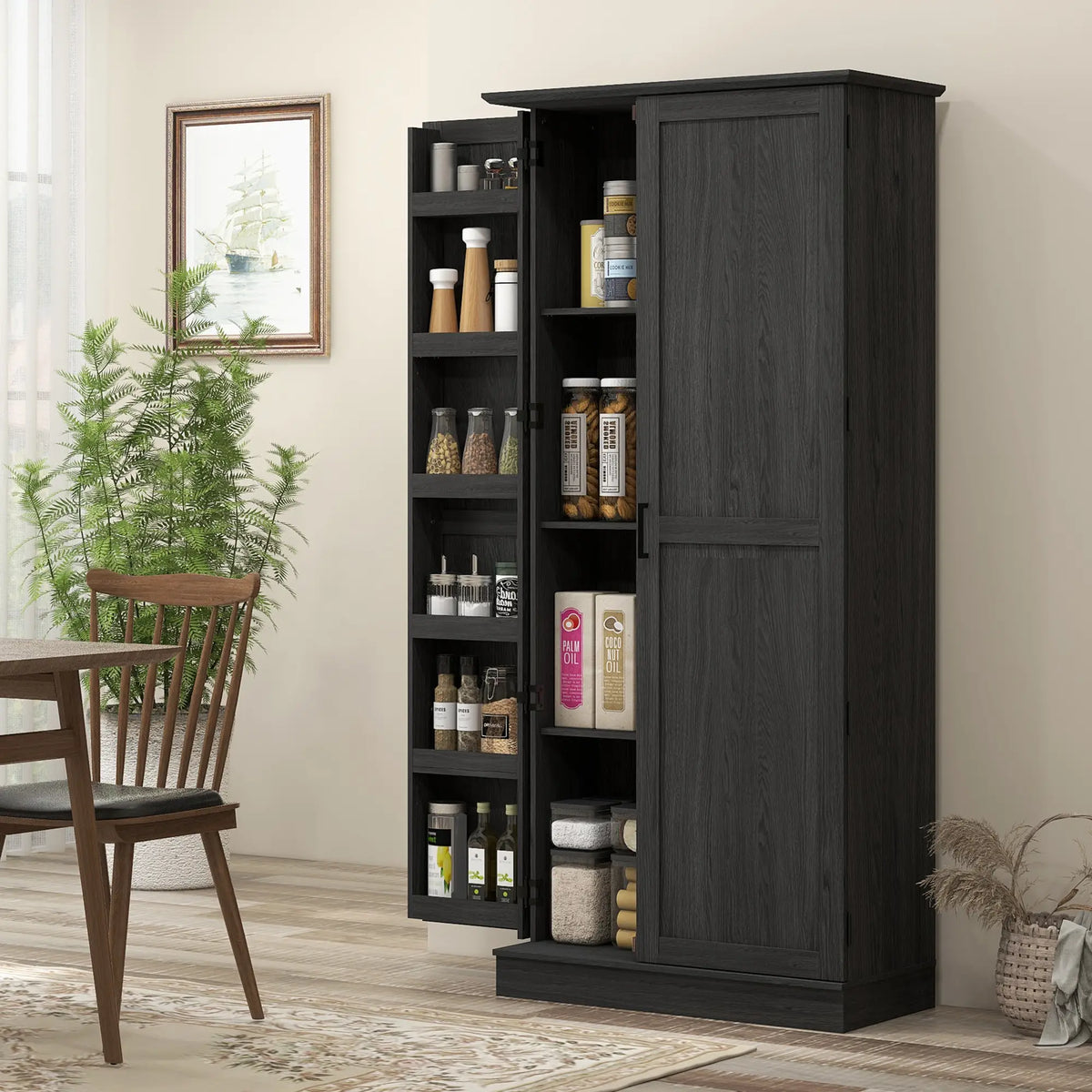 70" Tall Kitchen Pantry Cabinet, Adjustable Shelves, Black Wood Grain, Black Kitchen Pantry Cabinets at Gallery Canada