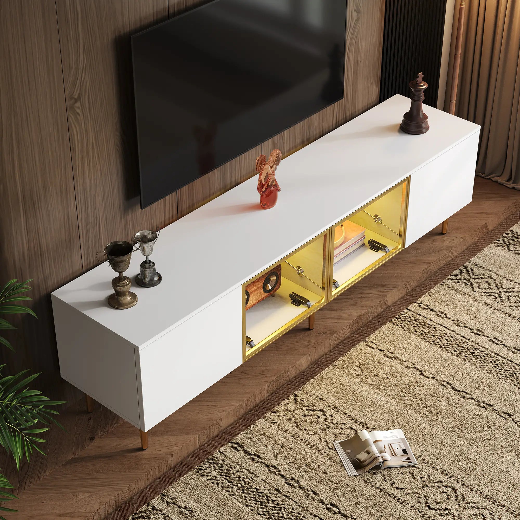 TV Stand, 4 Doors, Handles, Tempered Glass, LED Light, 67