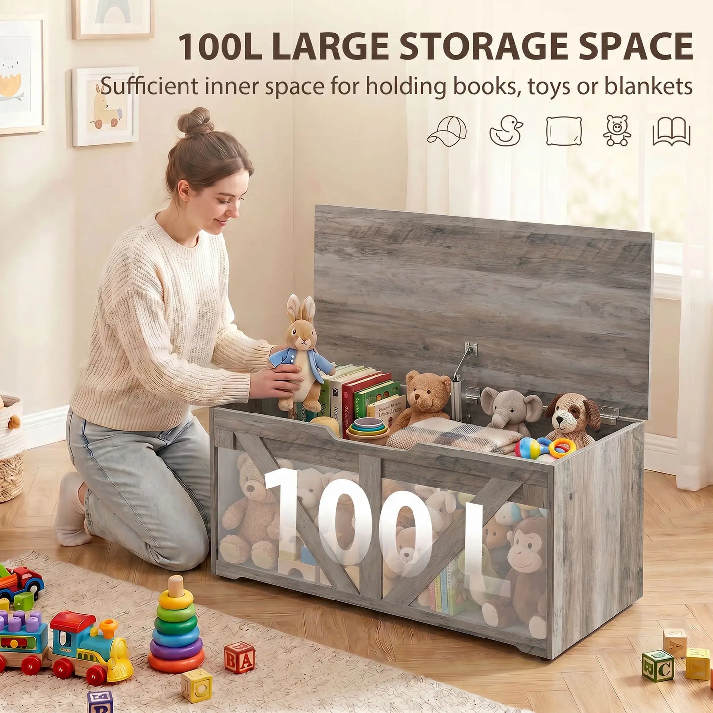 31.5" Storage Chest with Safety Hinge, Grey Wood Grain, Grey Storage Cabinets at Gallery Canada