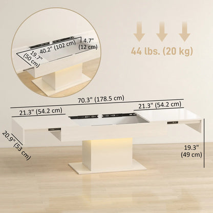 Extendable Coffee Table with LED Lights, Modern High Gloss Center Table with Hidden Storage, White Coffee Tables at Gallery Canada