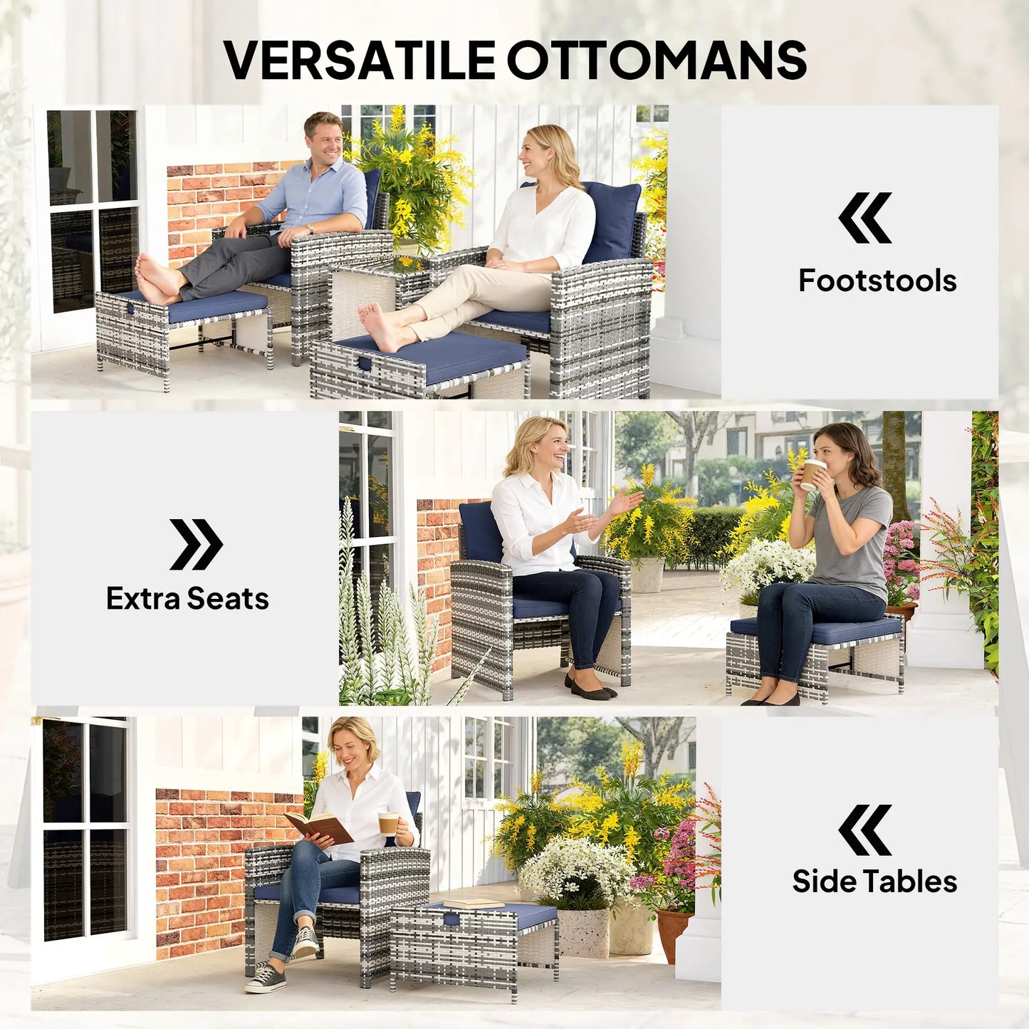 5 Piece Patio Furniture Set, Wicker Chairs With Ottomans, 2-Tier Glass Coffee Table, Grey/Dark Blue Patio Furniture Sets at Gallery Canada