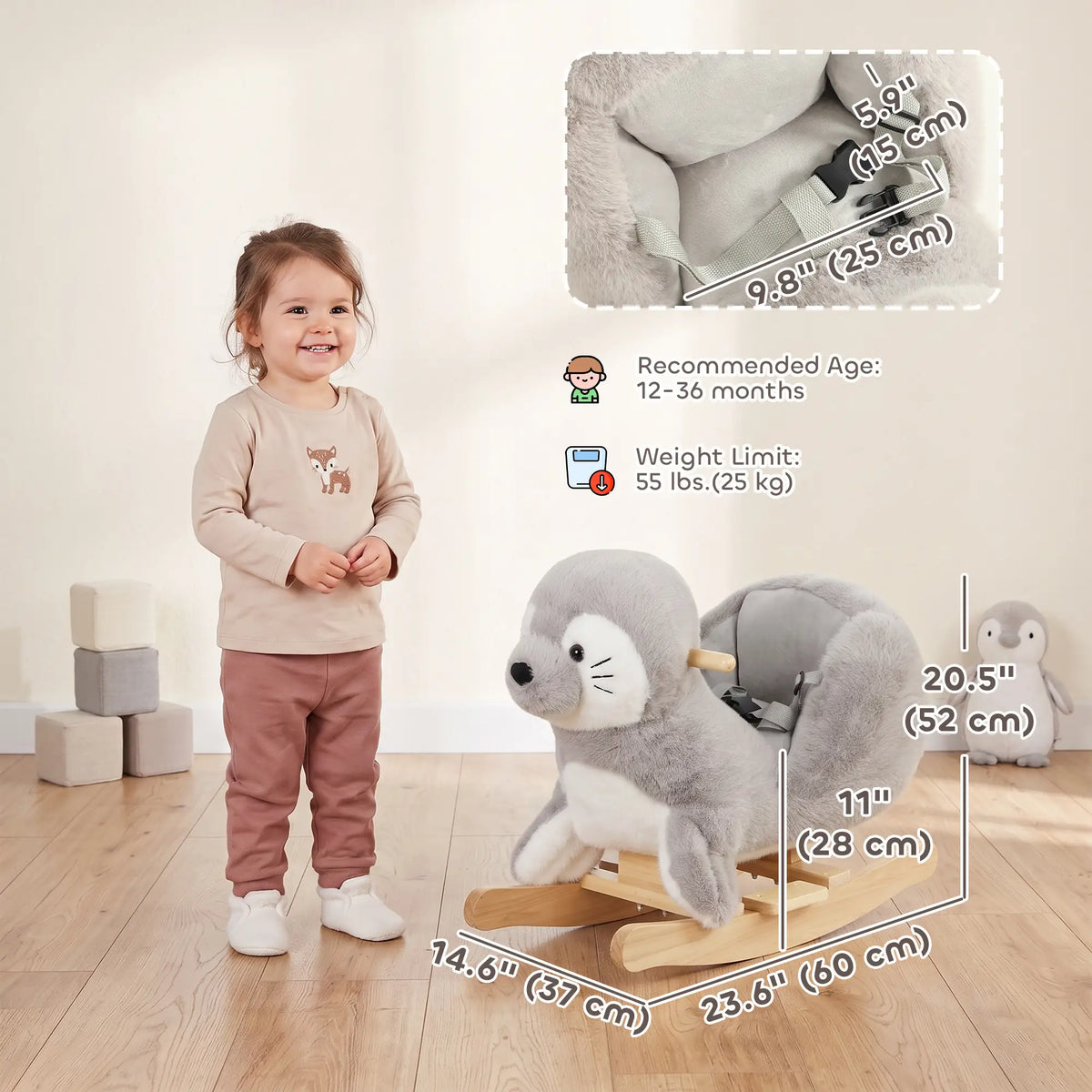 Plush Seal Ride-On Rocking Horse, 12-36 Months, Grey, Grey Rocking Horses at Gallery Canada