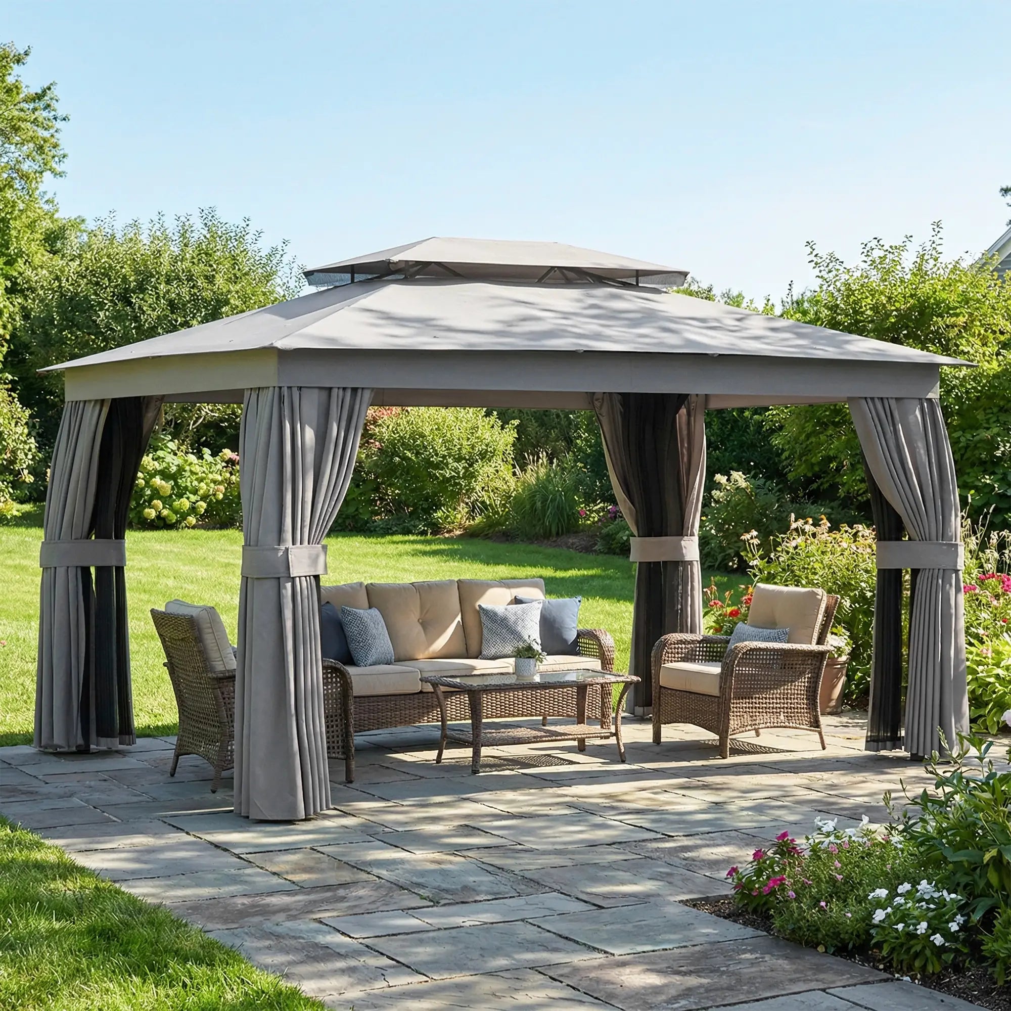 10' x 12.5' Gazebo, With Curtains, Netting, Double Roof, Dark Grey Gazebos at Gallery Canada