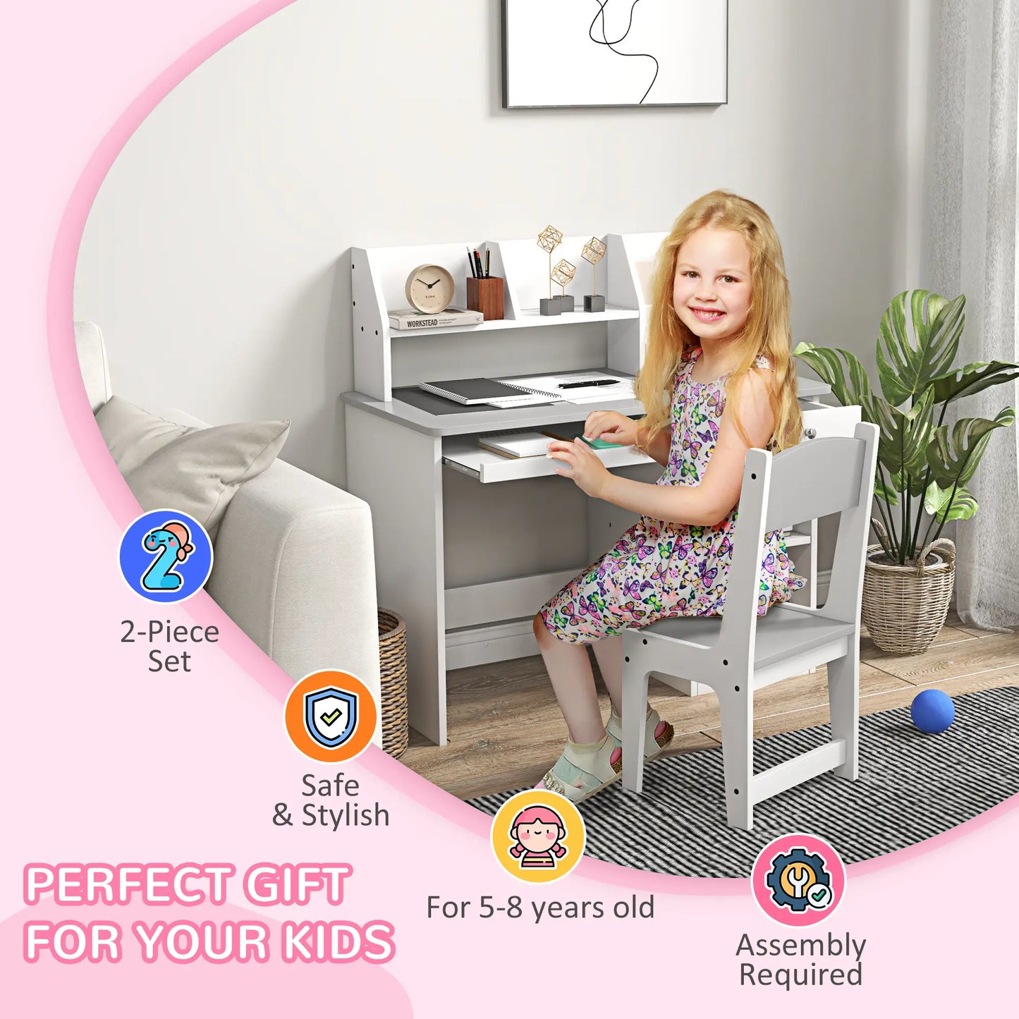 Kids Desk and Chair Set, Study Table for 5-8 Year Old, Grey Kids Desk Sets at Gallery Canada