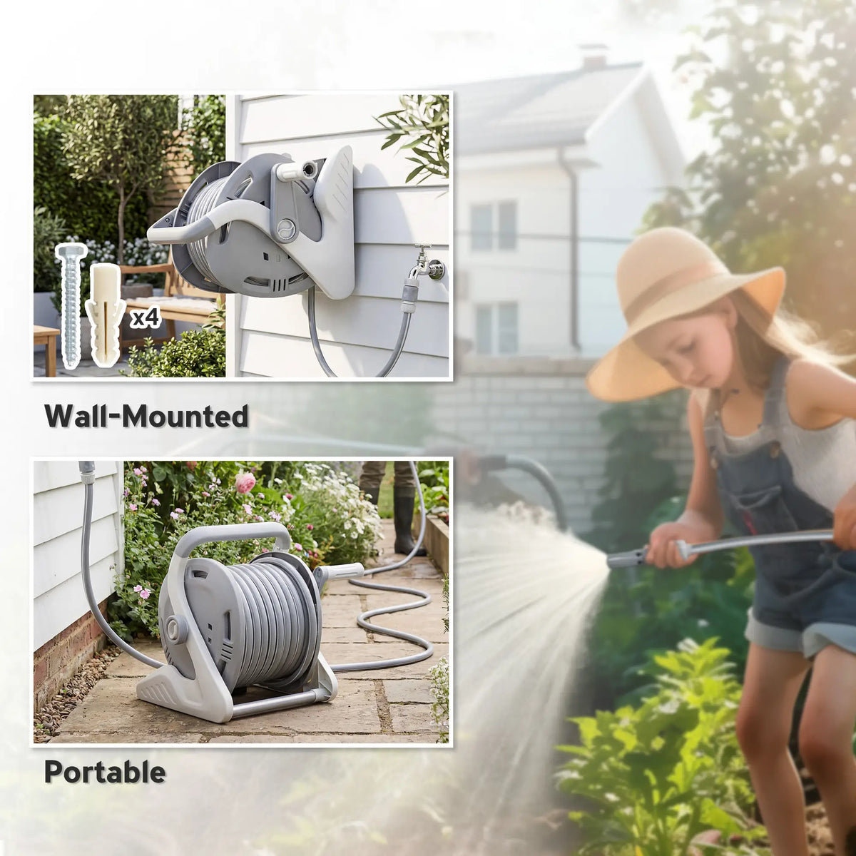 Portable Garden Hose Reel, 1/2" x 66ft Wall Mounted, Grey