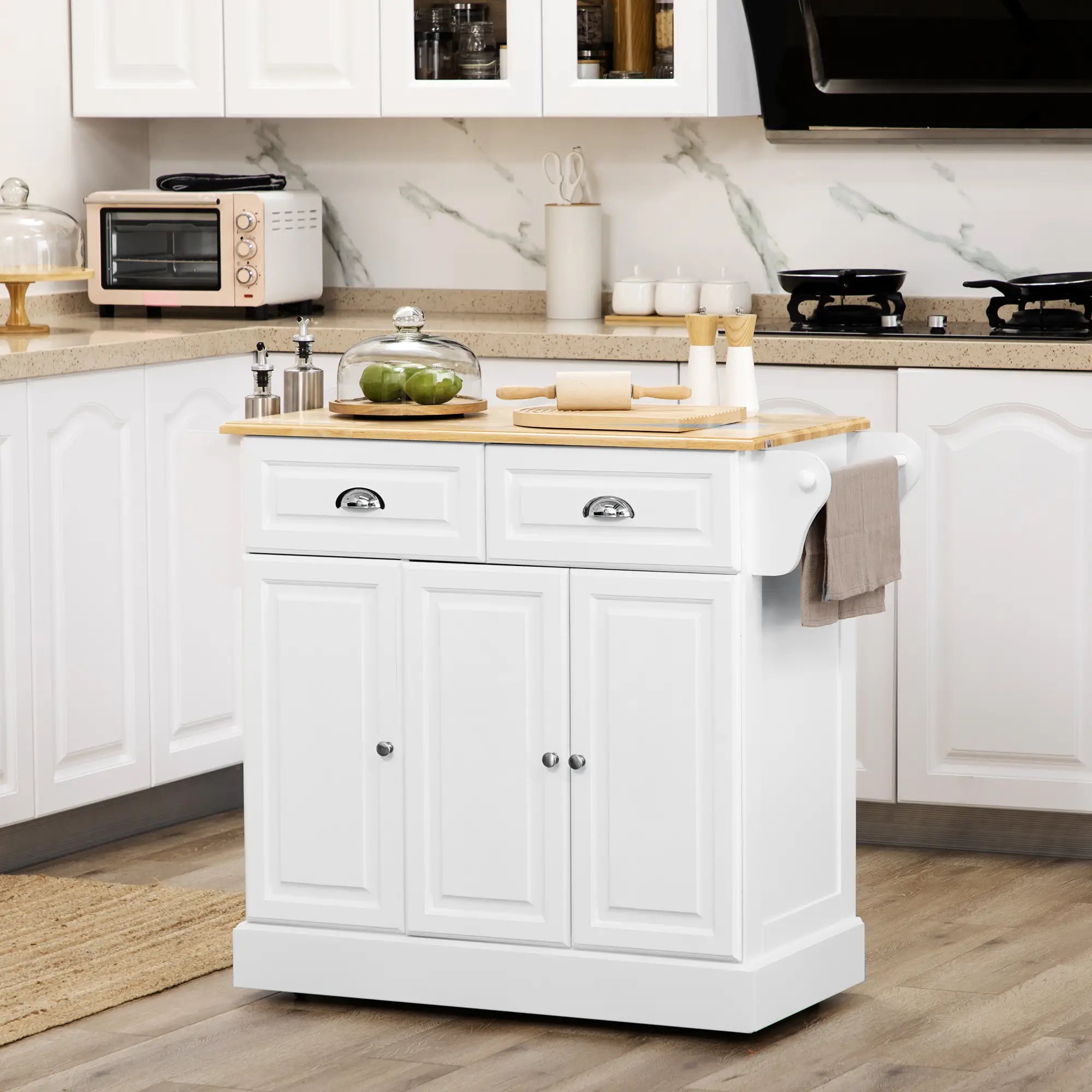 Kitchen Island With Storage, Rolling Cart, Rubber Wood Top, White Kitchen Islands & Kitchen Carts at Gallery Canada