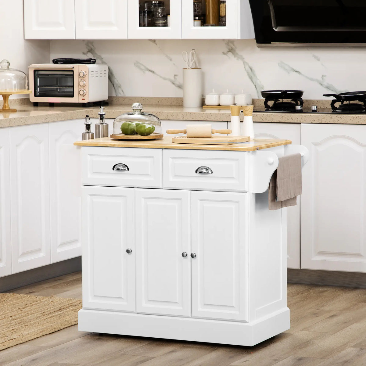 Kitchen Island With Storage, Rolling Cart, Rubber Wood Top, White Kitchen Islands & Kitchen Carts at Gallery Canada