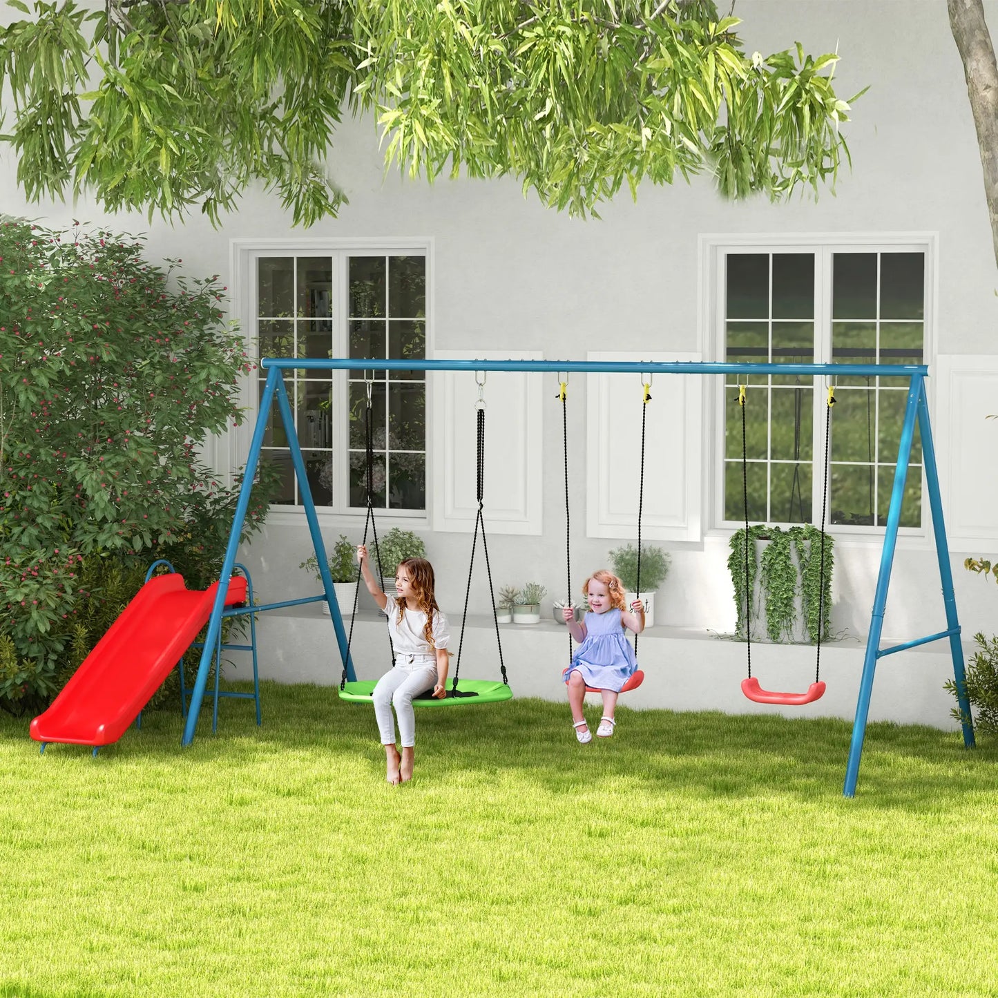 Metal Swing Set, 3 In 1 Design, Nest Swing, 2 Seats, Slide, 352 Lbs, Ages 3-8 Gym Sets & Swings at Gallery Canada