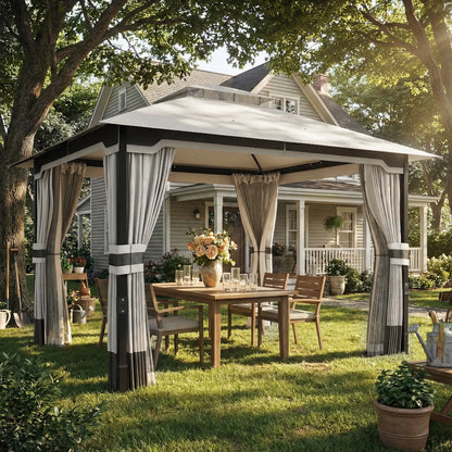 10' x 12' Patio Gazebo, Double Roof Canopy Shelter, Steel Frame, Light Grey Gazebos at Gallery Canada