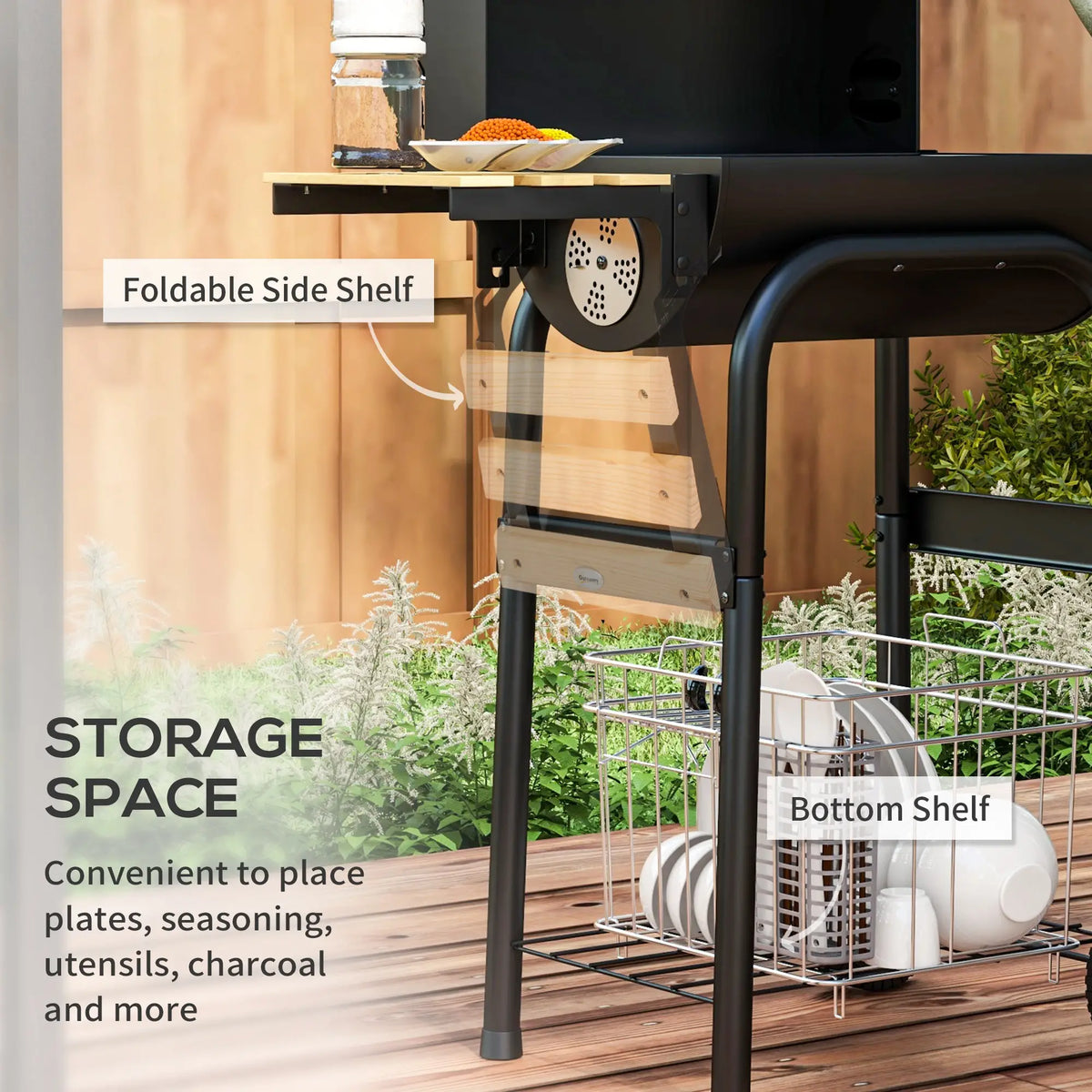 Charcoal BBQ Grill With Thermometer, Shelves, Wheels, Black