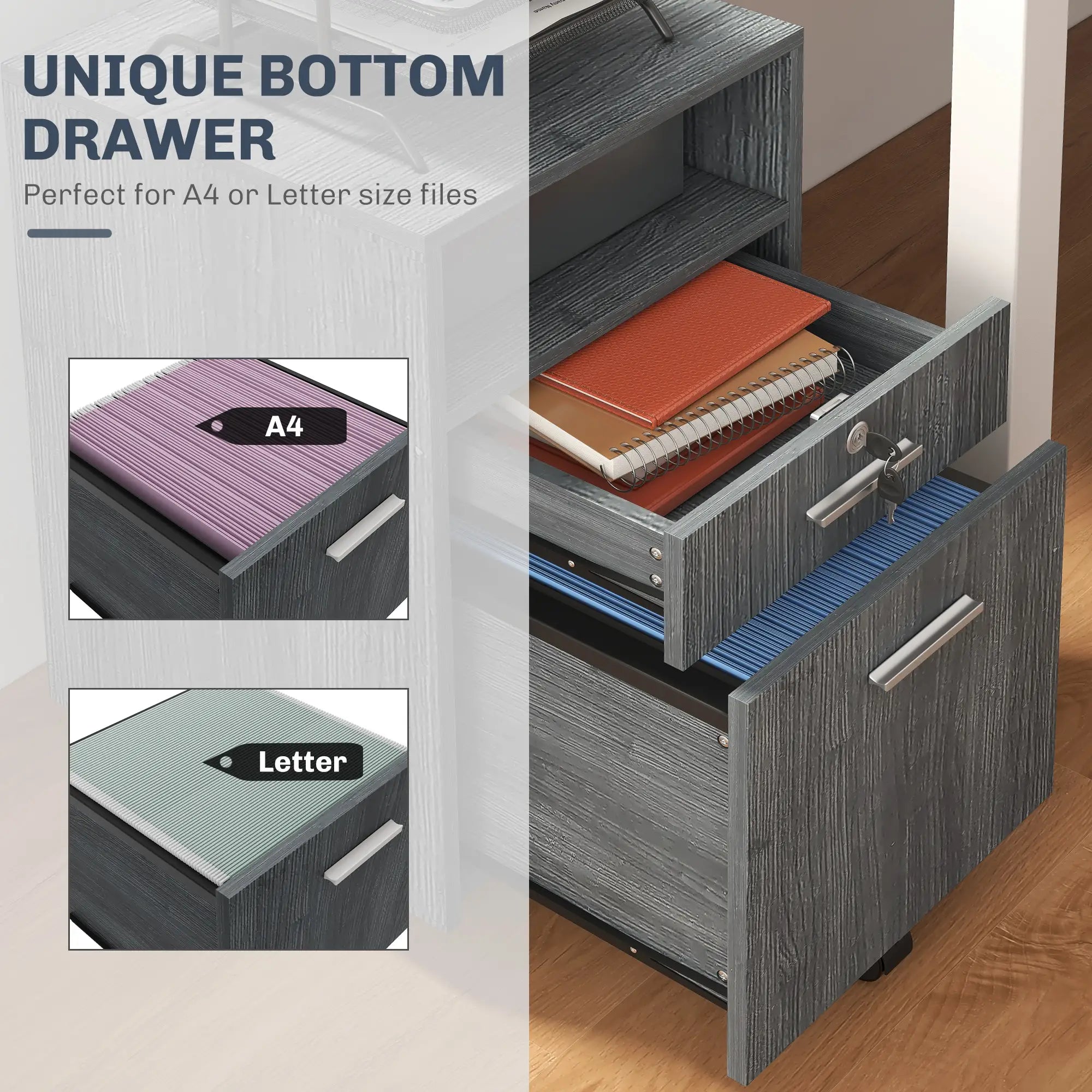 Small 2-Drawer Filing Cabinet, Lockable, On Wheels, Grey Office Cabinets & Cupboards at Gallery Canada