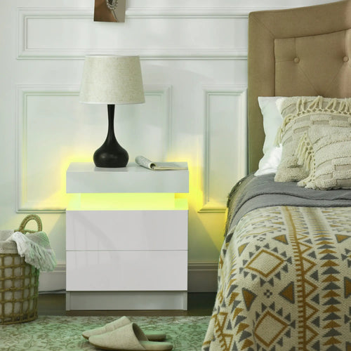 Nightstand with LED Lights, 2 Drawers, White