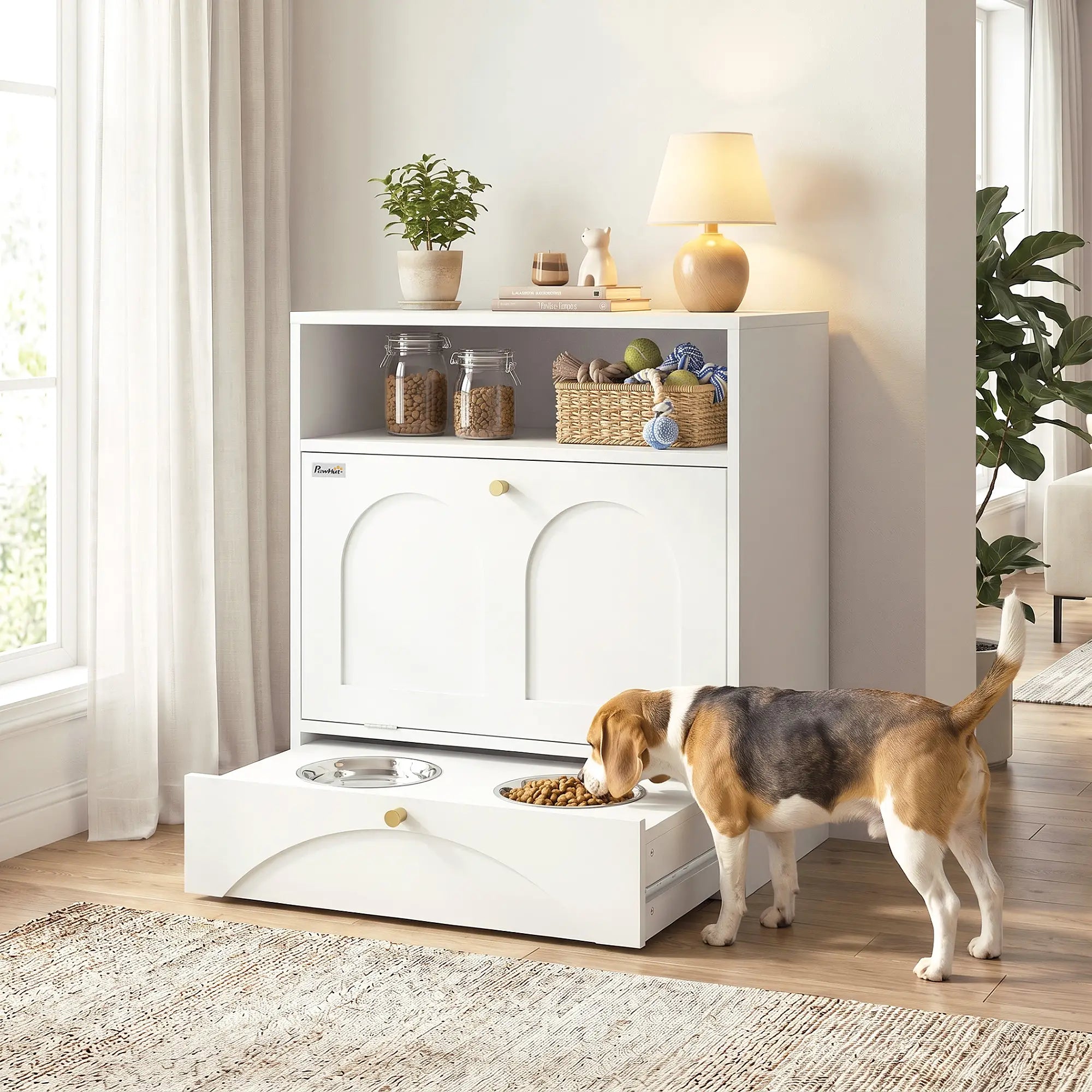 Dog Feeding Station, Food Storage Cabinet, 2 Elevated Bowls, White, White Dog Bowls at Gallery Canada