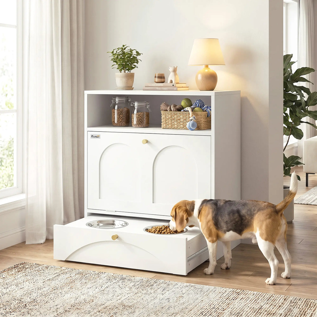 Dog Feeding Station, Food Storage Cabinet, 2 Elevated Bowls, White, White Dog Bowls at Gallery Canada