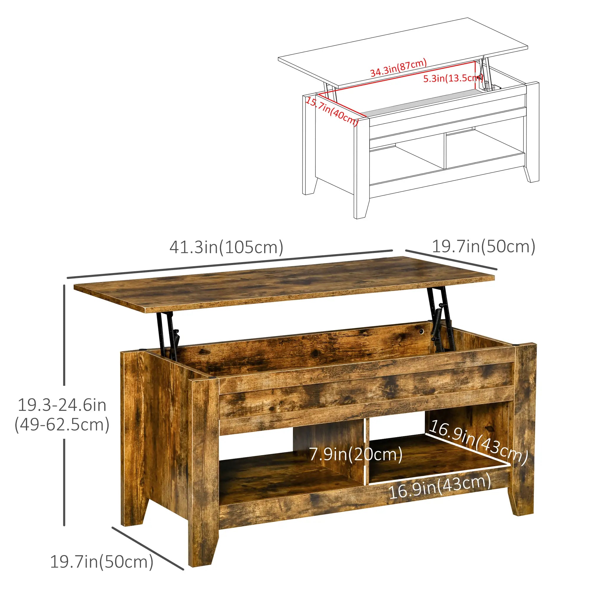 Lift Top Coffee Table, Hidden Storage, Open Shelves, Brown Coffee Tables at Gallery Canada