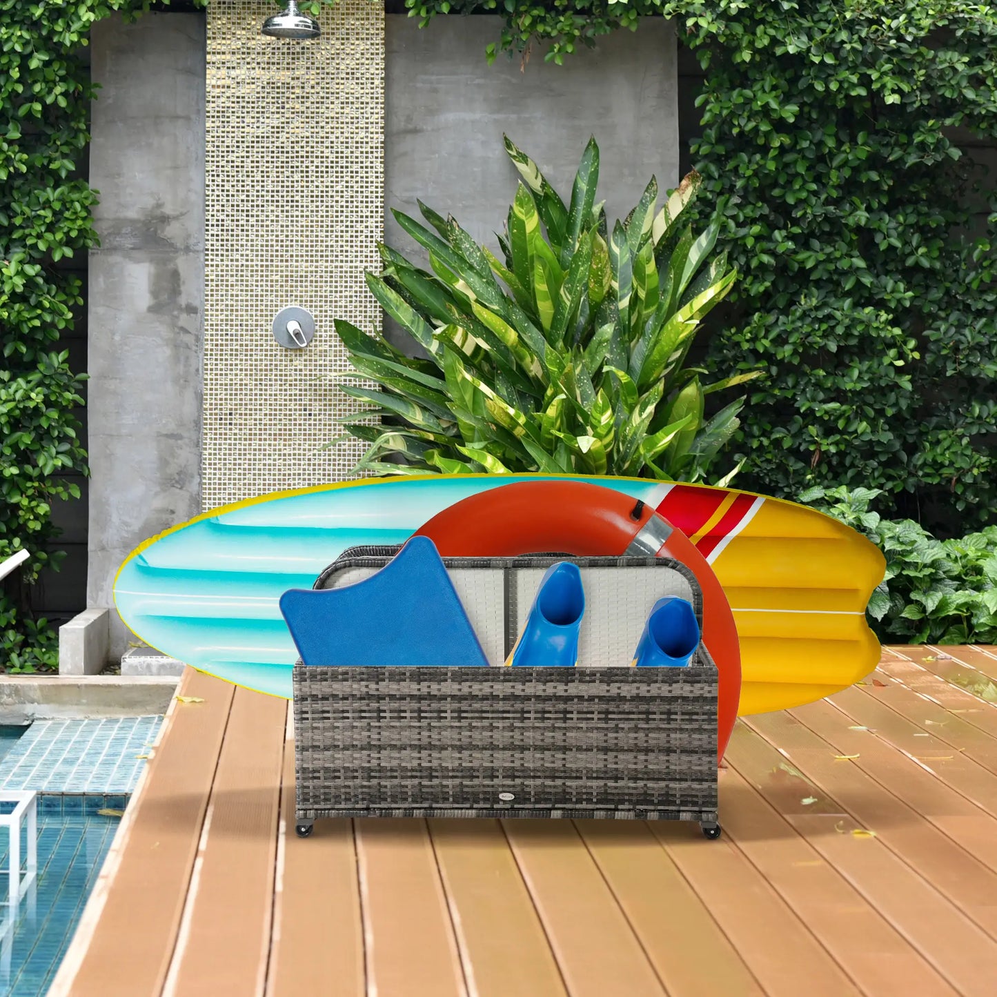 Rolling Pool Storage, Rattan Patio Furniture, Outdoor Wicker Organizer, Grey Patio Storage Boxes at Gallery Canada