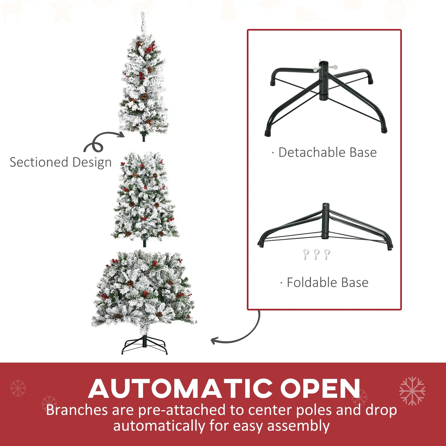 9-Foot Pencil Snow Flocked Artificial Christmas Tree, 1350 Pine Branches, Pine Cones, Red Berries, Auto Open, Green Pencil Christmas Trees at Gallery Canada