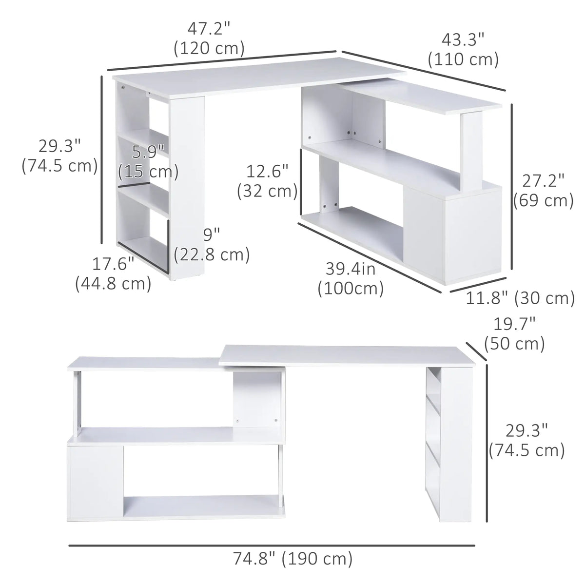 47" L Shaped Desk, Rotating Corner Desk, Reversible Workstation, White Writing Desks at Gallery Canada