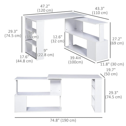47" L Shaped Desk, Rotating Corner Desk, Reversible Workstation, White Writing Desks at Gallery Canada