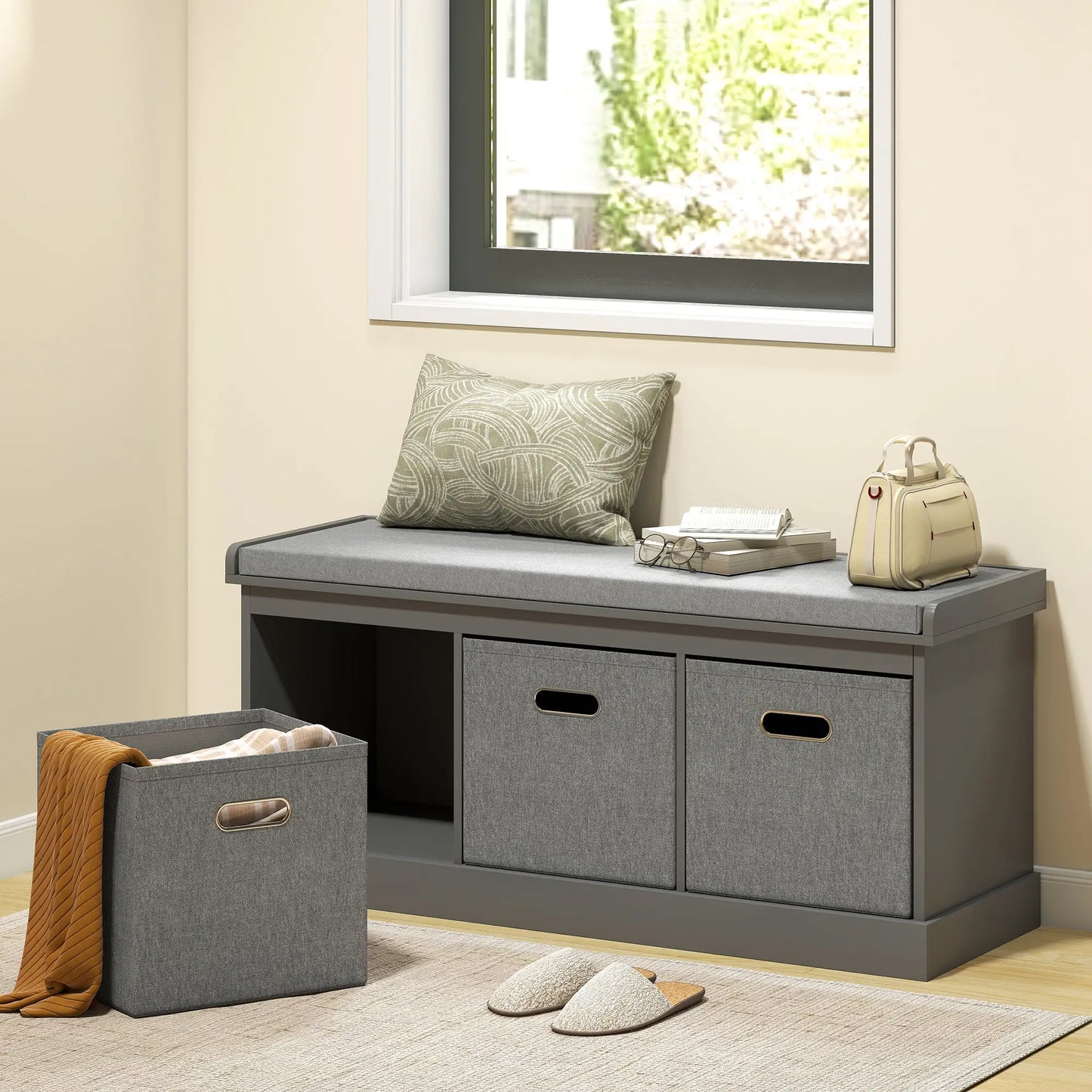 Shoe Storage Bench with Seat, 3 Fabric Drawers, Dark Grey Shoe Storage Cabinets & Racks at Gallery Canada