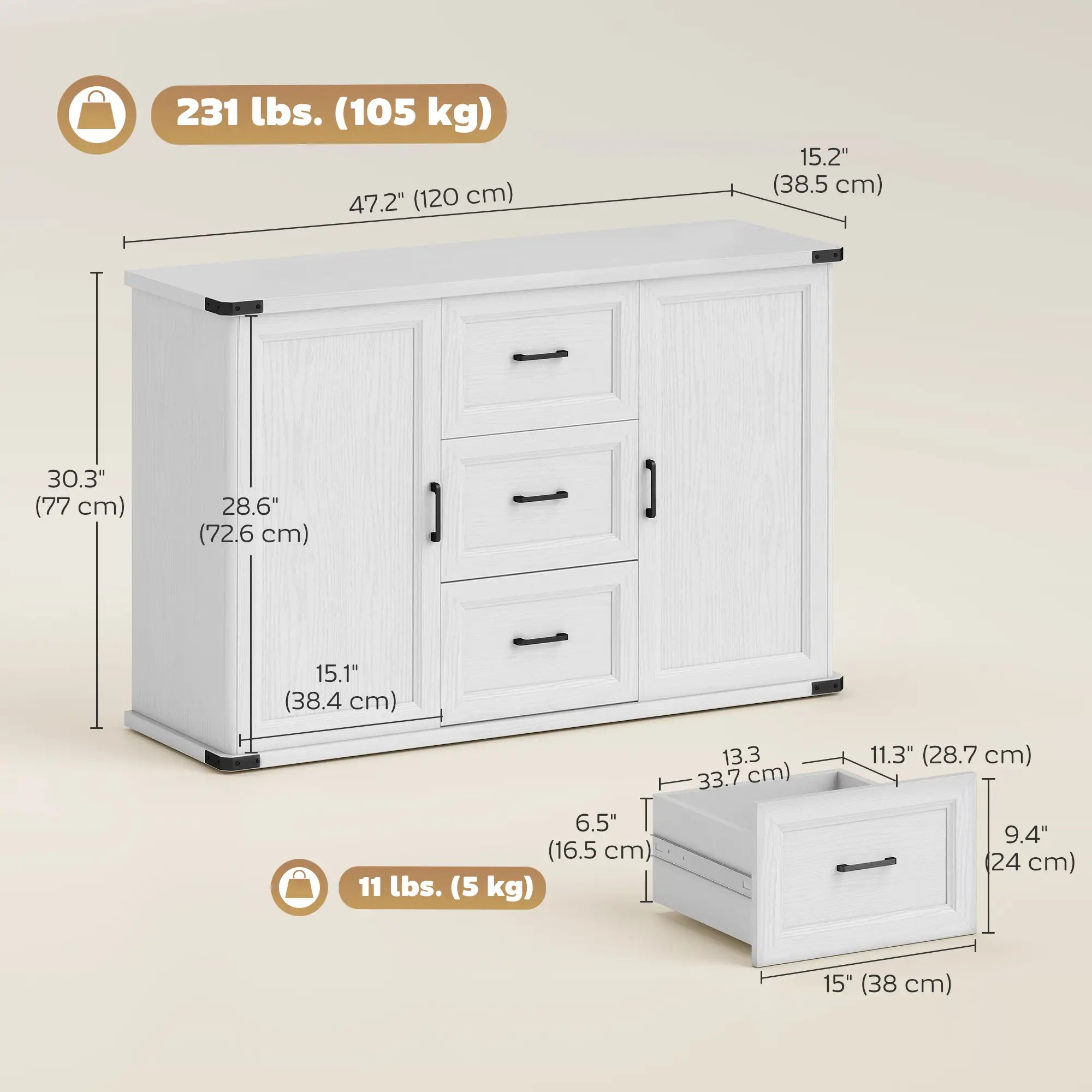 Sideboard With 3 Drawers, 2 Doors, 47