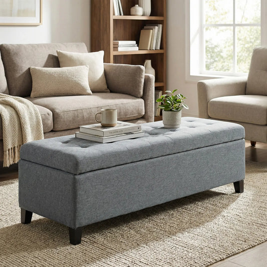 Rectangular Entry Bench, Tufted Upholstered Linen, Wood Feet, Grey Storage Ottomans & Benches Grey at Gallery Canada