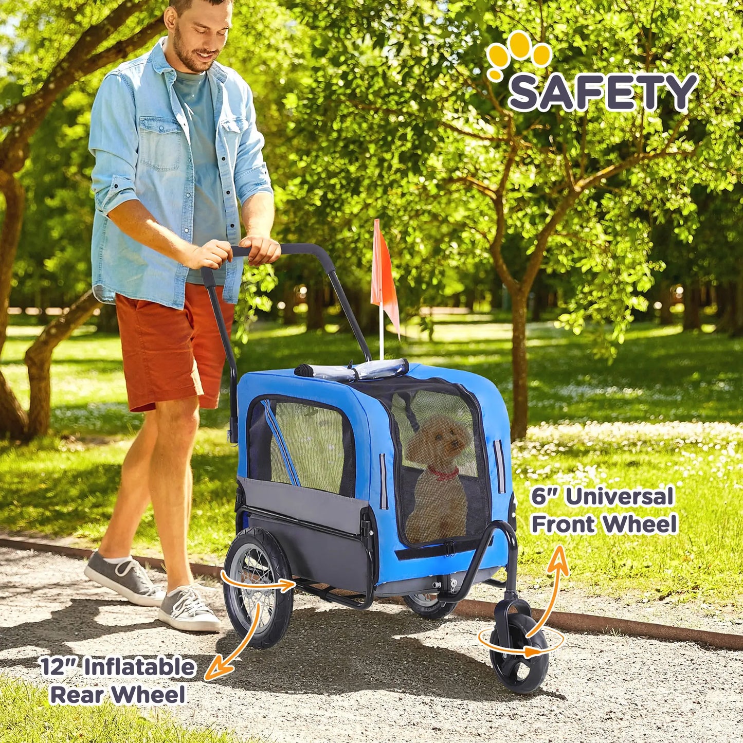 Dog Bike Trailer 2-In-1 Pet Stroller Cart Bicycle Wagon Cargo Carrier Attachment for Travel with 360 Swivel Wheel, Hitch, Suspension, Safety Flag, Blue Dog Bike Trailers & Strollers at Gallery Canada