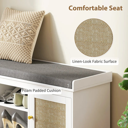 Shoe Bench with Padded Cushion, Boho Entryway, Rattan Doors, Adjustable Shelves, White Shoe Storage Cabinets & Racks at Gallery Canada