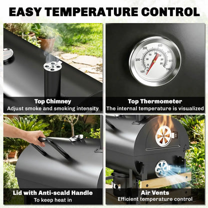 Charcoal BBQ Grill With Foldable Shelves, Warming Rack, Thermometer, Wheels