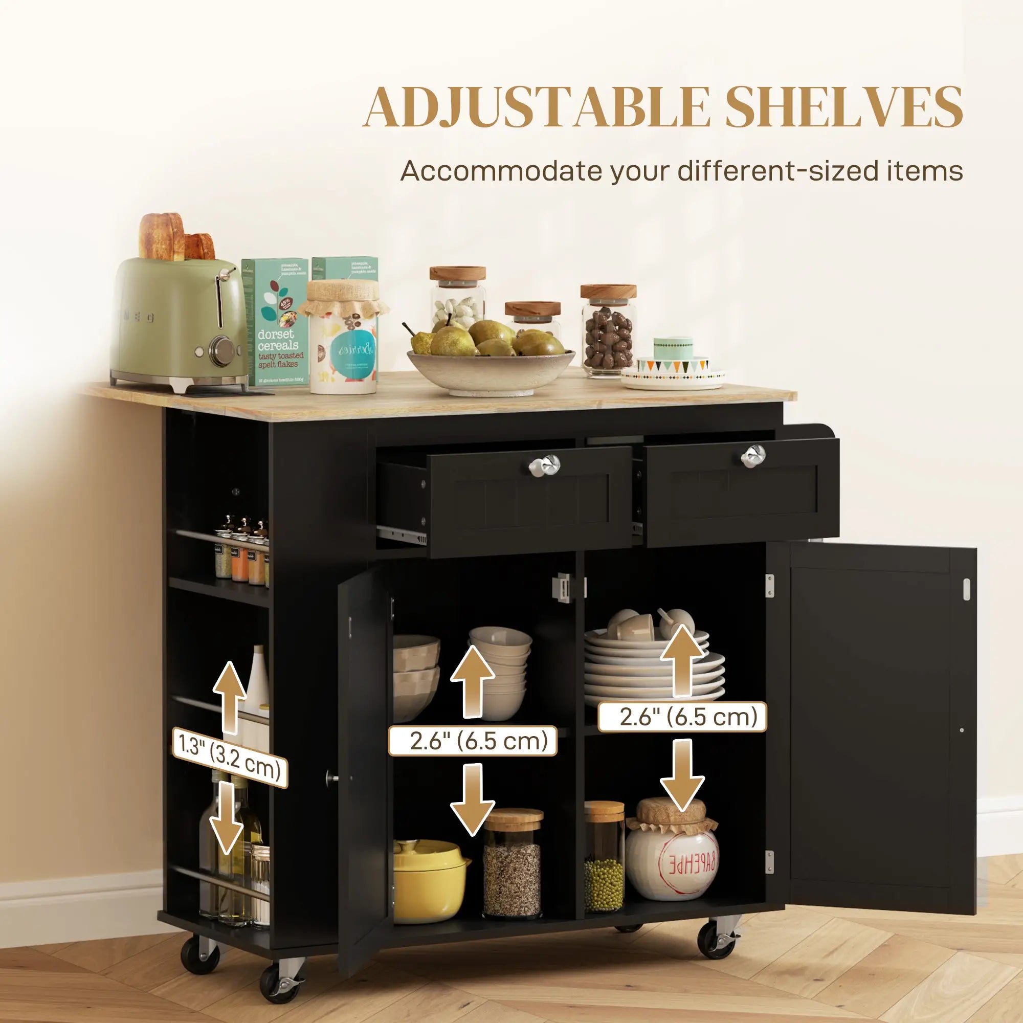Kitchen Island with Power Outlet, Drop Leaf, 2 Drawers, Black Kitchen Islands & Kitchen Carts at Gallery Canada