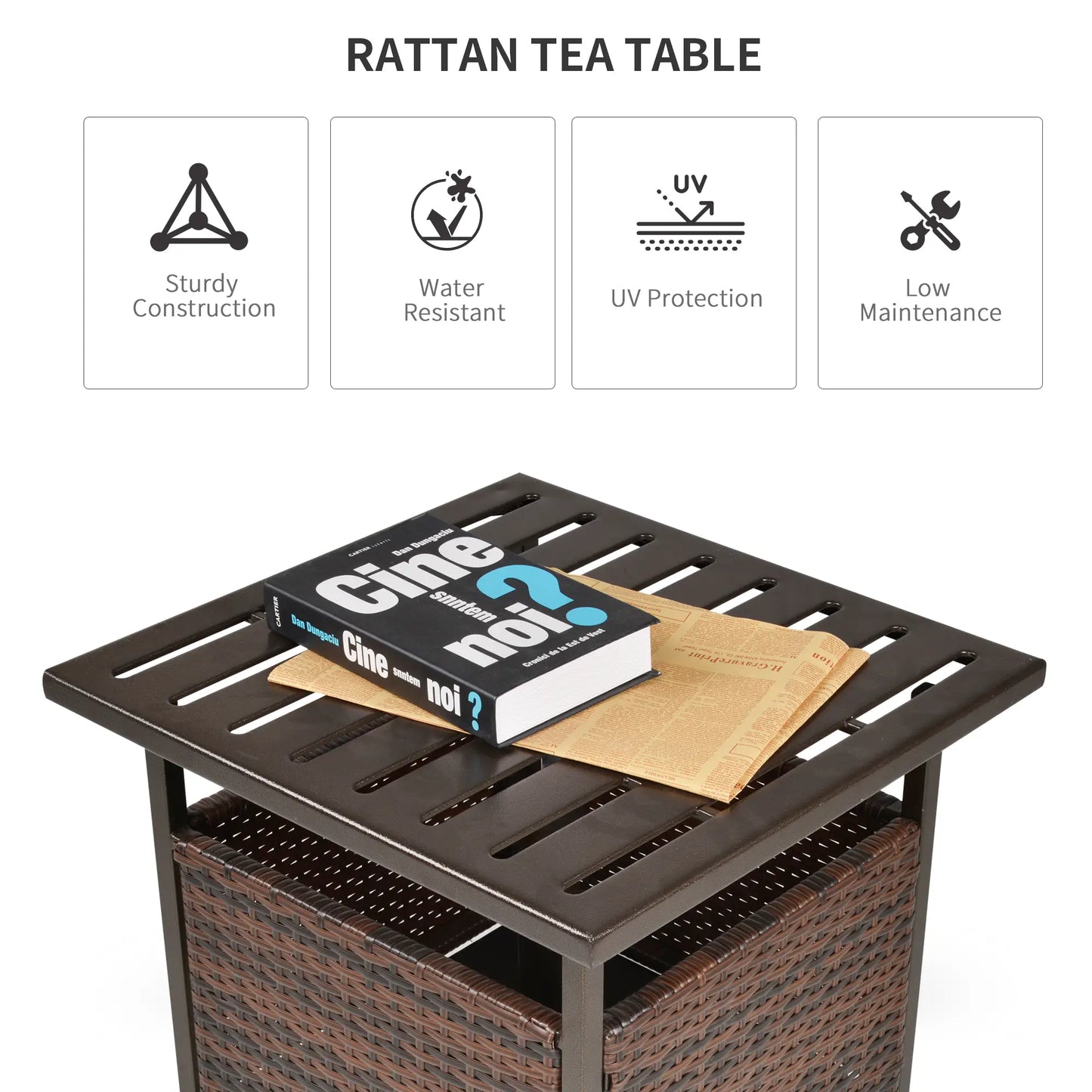 21.75" Outdoor Rattan Coffee Table, Umbrella Hole, Slatted Metal Top, Brown Patio Side Tables at Gallery Canada