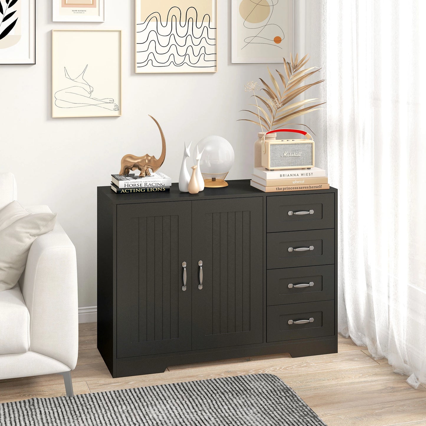 Modern Sideboard Buffet Cabinet, Drawers, Beadboard Door, Black Storage Cabinets at Gallery Canada